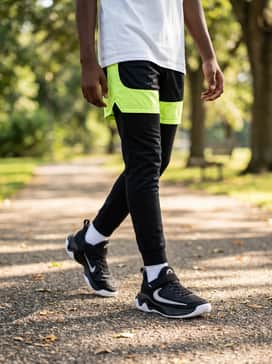 Summer activewear with mesh-lined nylon shorts in a bright neon hue to contrast the black shoes, paired with a simple white tank top.