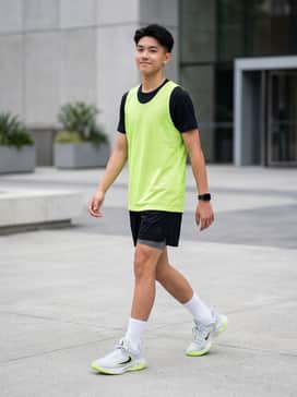 A volt-green basketball jersey paired with black mesh performance shorts and mid-calf white athletic socks.