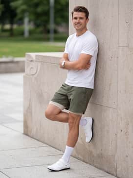 Girano Cycling Shoes – Technical olive green utility shorts and a moisture-wicking white graphic tee for a functional and stylish urban commuting ensemble.