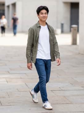 A pair of slim-fit indigo denim jeans, a crisp white organic cotton t-shirt, and an unbuttoned olive green overshirt for a layered, tonal look.