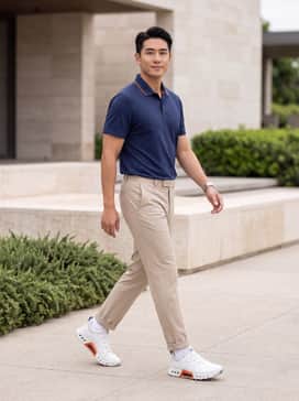 Golf Biom C4 – A professional golf course ensemble featuring high-performance navy blue tailored golf trousers paired with a moisture-wicking white polo shirt with subtle orange piping.