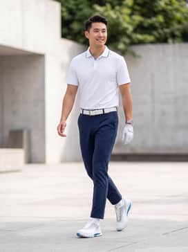 Golf Biom C5 – A classic golf ensemble featuring navy blue tapered performance trousers, a crisp white polo shirt with subtle blue accents on the collar, and a matching white leather belt for a cohesive on-course appearance.