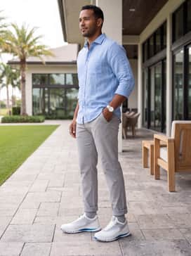 Golf Biom C5 – A relaxed weekend look consisting of slim-fit light grey chinos cuffed at the ankle, a breathable light blue linen button-down shirt worn untucked, and minimalist silver accessories.