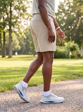 Golf Biom C5 – A smart-casual summer outfit with beige technical-fabric shorts, a navy blue pique polo, and white low-cut socks to maintain a clean line that emphasizes the striking blue midsole detail.