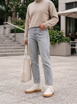 Combine with high-waisted light-wash straight-leg jeans, a cropped beige turtleneck sweater, and a canvas tote bag for a weekend-ready outfit.