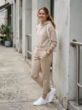 Beige tailored joggers, a matching cropped hoodie, and a sleek leather backpack for an elevated athleisure ensemble.