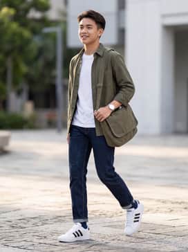 Slim-fit dark indigo denim paired with a crisp white crewneck t-shirt and an unbuttoned olive overshirt for a layered, rugged look.