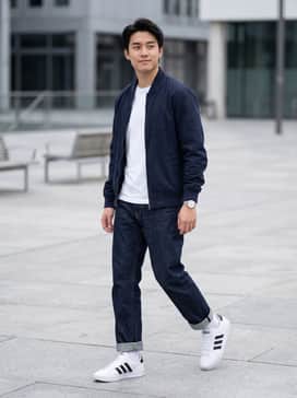 Pair with slim-fit dark indigo jeans, a classic white crew-neck t-shirt, and a navy bomber jacket for a timeless, clean aesthetic.