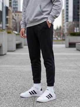 Combine with black tapered joggers and a heather grey oversized hoodie for a comfortable and stylish athletic-leisure look.