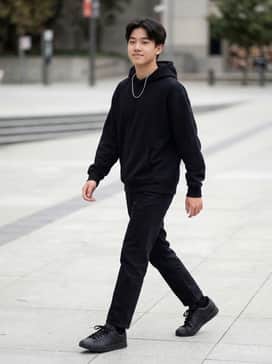 Monochrome Streetwear: Pair with slim-fit black denim jeans, a black oversized hoodie, and a silver chain necklace for a sleek, edgy urban look.