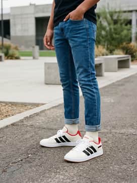 Grand Court Home Alone  20th Century Fox Junior – Slim-fit blue jeans worn with a vintage-style graphic T-shirt and an unbuttoned denim jacket for a classic 90s-inspired look.