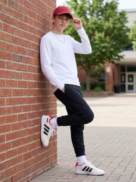 Grand Court Home Alone  20th Century Fox Junior – Tapered black joggers and a crisp white long-sleeve tee, topped with a red baseball cap to tie into the heel tab accents.