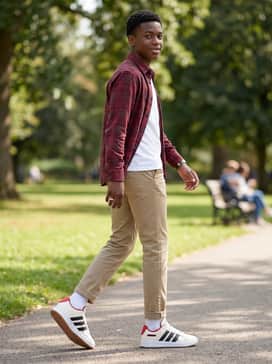 Grand Court Home Alone  20th Century Fox Junior – Khaki chino pants styled with a flannel plaid shirt over a plain white tee for a clean, collegiate aesthetic that matches the gum sole.