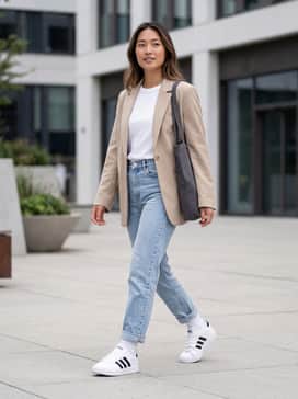 Grand Court Shoes – Light-wash straight-leg jeans with a tucked-in white t-shirt and an oversized beige blazer for a polished yet casual look.