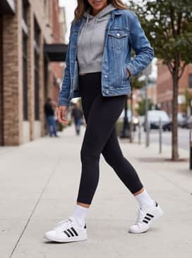 Black high-waisted leggings paired with a cropped hoodie and a classic denim jacket for a sporty weekend vibe.