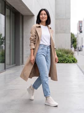 Gruuv – High-waisted light wash straight-leg jeans paired with a tucked-in crisp white organic cotton t-shirt and an oversized beige trench coat for a classic Parisian-inspired look.