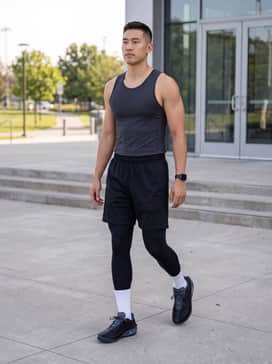 A performance-focused ensemble featuring black ventilated mesh basketball shorts, a dark charcoal compression tank, and high-stretch white crew socks to emphasize the sneaker's low-cut silhouette.