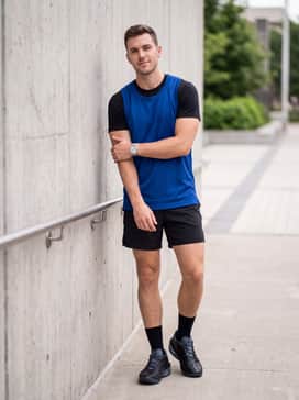 A game-ready outfit with a vibrant team-colored basketball jersey layered over a black moisture-wicking t-shirt, finished with lightweight 5-inch inseam performance shorts.