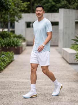 A performance-focused court ensemble featuring white breathable mesh shorts, a light blue moisture-wicking jersey, and premium white athletic crew socks.