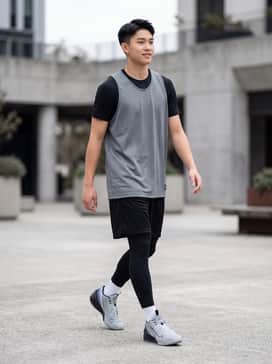 Gt Jump Academy – On-court performance look featuring loose-fit mesh basketball shorts, black compression leggings, and a breathable team jersey.