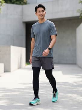 A technical running ensemble featuring black moisture-wicking compression tights under teal-lined shorts paired with a grey breathable mesh performance tee.