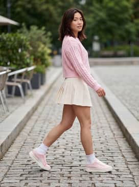 Gv Special Bloom Womens Sneakers – A cream-colored pleated tennis skirt paired with a baby pink cropped cable-knit sweater and white ruffle ankle socks to highlight the shoe's floral lace detail.