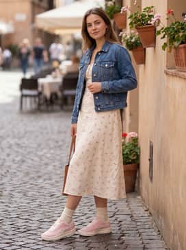 Gv Special Bloom Womens Sneakers – A white flowy midi sun-dress with small pink floral prints, topped with a cropped light-blue denim jacket for a balanced and feminine daytime date outfit.