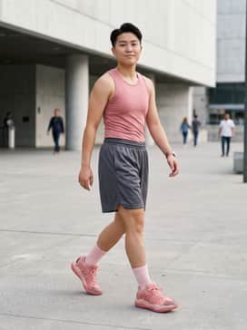 A performance-driven look featuring charcoal grey basketball mesh shorts and a light pink moisture-wicking compression tank top.