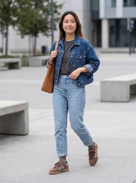 High-waisted light wash mom jeans paired with a tucked-in vintage band tee and a cropped denim jacket for a complete heritage look.