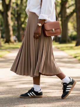 Handball Spezial Mig Shoes – A midi-length pleated skirt in a neutral tone paired with a tucked-in oversized white button-down and a leather crossbody bag for a feminine-meets-sporty aesthetic.