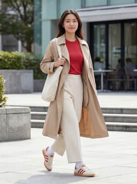 Wide-leg cream trousers, a tucked-in red baby tee, and a beige trench coat for a sophisticated urban look.