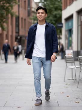 A pair of light-wash straight-leg denim jeans rolled at the cuff, paired with a crisp white crewneck t-shirt and an oversized navy blue overshirt for a layered, casual look.