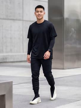 Performance-ready black tech-fleece joggers paired with a matching moisture-wicking compression shirt and a loose mesh jersey.