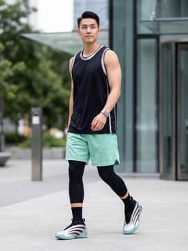 A professional court ensemble featuring black compression leggings under mint green mesh basketball shorts and a moisture-wicking black sleeveless jersey with metallic silver trim.