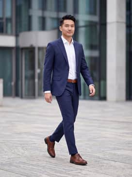 Helsinki 2 – A tailored navy blue wool suit paired with a crisp white dress shirt and a matching cognac leather belt for a timeless, professional look.