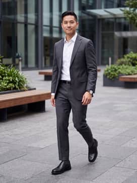 Helsinki 2 – A charcoal grey tailored suit paired with a crisp white dress shirt and a black leather belt for a timeless boardroom-ready appearance.
