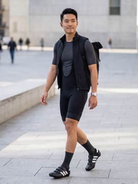 Heritage Road Cycling Shoes – A high-performance aerodynamic cycling jersey in a monochrome palette paired with padded bib shorts for a professional road-cycling aesthetic.