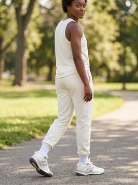A monochromatic white-on-white athletic set consisting of slim-fit track pants and a breathable mesh tank top to accentuate the shoe's clean, futuristic design.