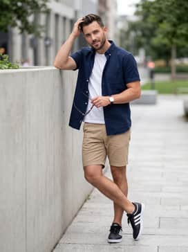 Hoops 40 Shoes – Style with khaki chino shorts, a navy blue short-sleeve button-down shirt, and no-show socks for a clean and breathable summer weekend outfit.