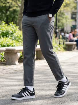 Wear with straight-leg black trousers and a tucked-in charcoal grey turtleneck for a monochromatic, smart-casual ensemble that works for creative office environments.