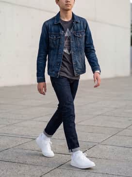 Hoops Shoes – A classic school ensemble featuring slim-fit dark wash jeans, a vibrant graphic t-shirt, and a rugged denim jacket for a timeless, cool look.