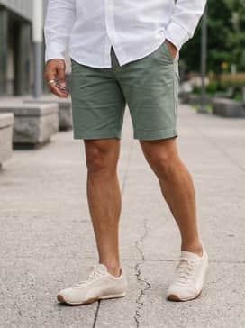 Hstreet Premium Sneakers – Sage green chino shorts matched with a crisp white linen button-down shirt and no-show socks for a refined summer aesthetic.