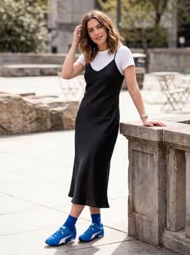 Hstreet Track  Field – A black midi-length satin slip dress layered over a crisp white t-shirt to create a trendy feminine-meets-sporty contrast.