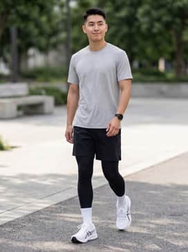 Hyper Speed 5 – A high-performance look featuring black compression running shorts, a light grey moisture-wicking tech tee, and white performance socks for a clean, athletic aesthetic.