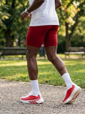 Breathable mesh shorts in a deep navy blue paired with a simple white athletic tee to let the vibrant red of the shoes pop.