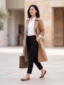 High-waisted black skinny jeans paired with a crisp white button-down shirt and a camel-colored trench coat for a sophisticated Parisian-inspired look.