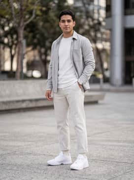 A clean streetwear ensemble consisting of light grey oversized cargo pants, a white boxy-fit graphic tee, and a silver watch for a polished urban feel.