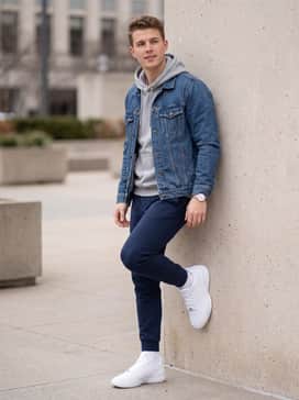 Ja 2 – A relaxed weekend outfit with tapered navy blue joggers, a grey heathered hoodie, and a denim jacket for a layered, casual aesthetic.