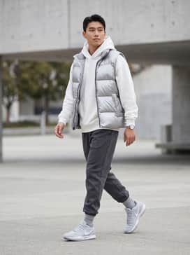Ja 2 – A pair of charcoal grey tech fleece joggers paired with a matching oversized white hoodie and a metallic silver puffer vest for a sleek, monochromatic winter streetwear look.