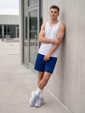 Ja 2 – High-performance mesh basketball shorts in a deep royal blue, coupled with a moisture-wicking white compression top and white crew-length athletic socks for a clean court-ready appearance.
